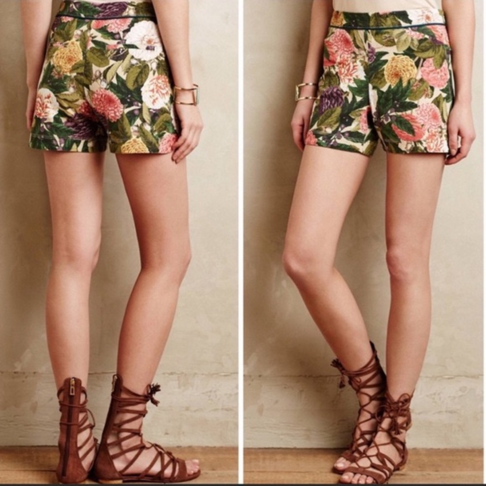 Anthropologie Elevenses Floral Flat Front Side Zip Shorts
